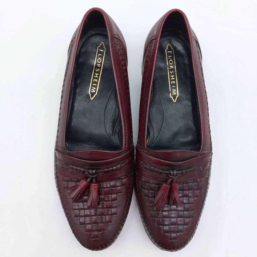 Florsheim Men’s 8.5D Burgundy Leather Tassel Loafers Woven Vamp Dress Shoes